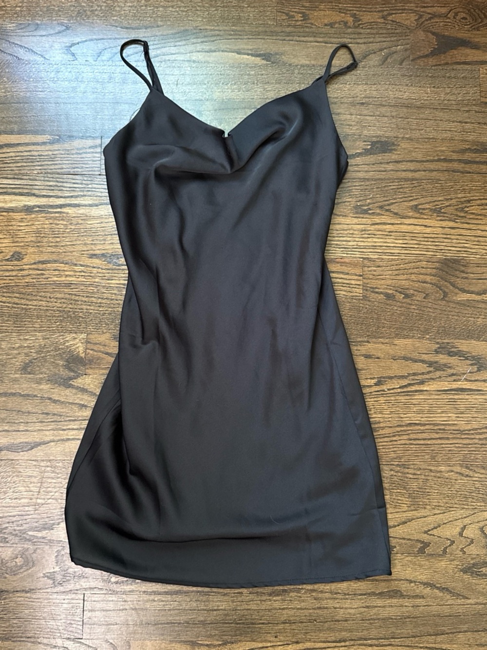 Black Satin Cowl Slip Mini Dress